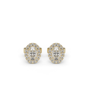Yellow Gold Oval Cut Diamond Halo Stud Earrings With U Cut Setting.